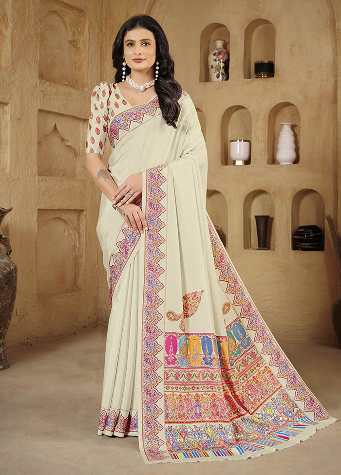 Cream Spun Silk Saree With Blouse Piece