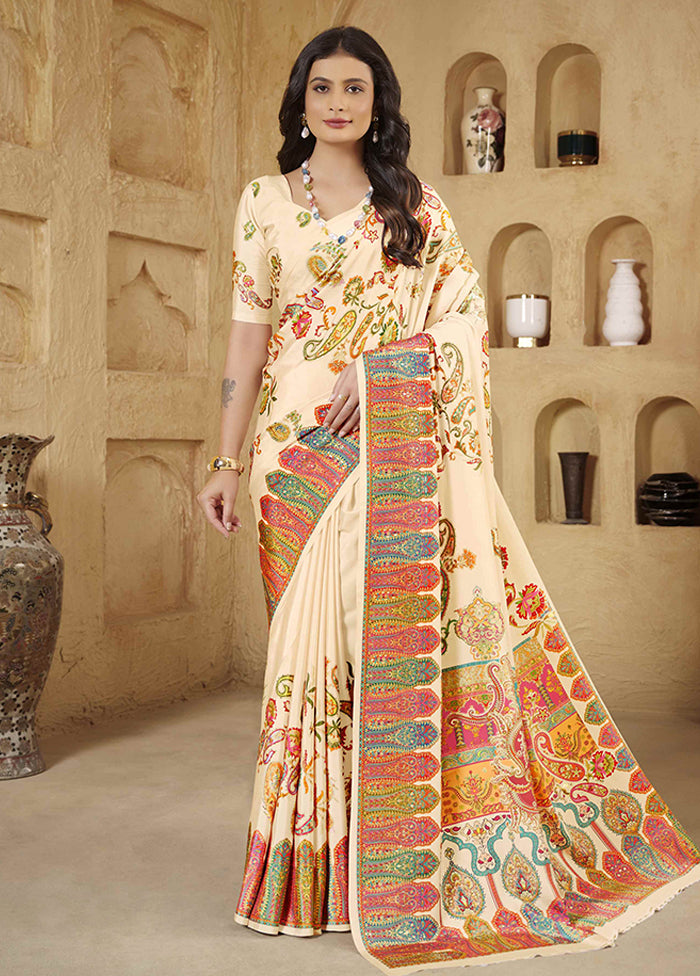 Cream Spun Silk Saree With Blouse Piece