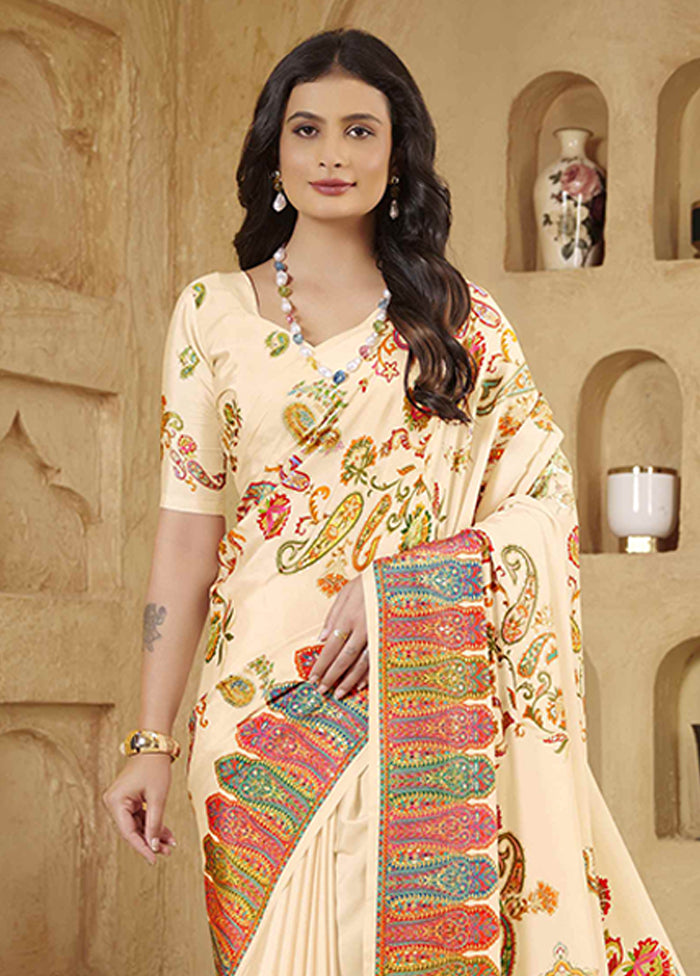 Cream Spun Silk Saree With Blouse Piece