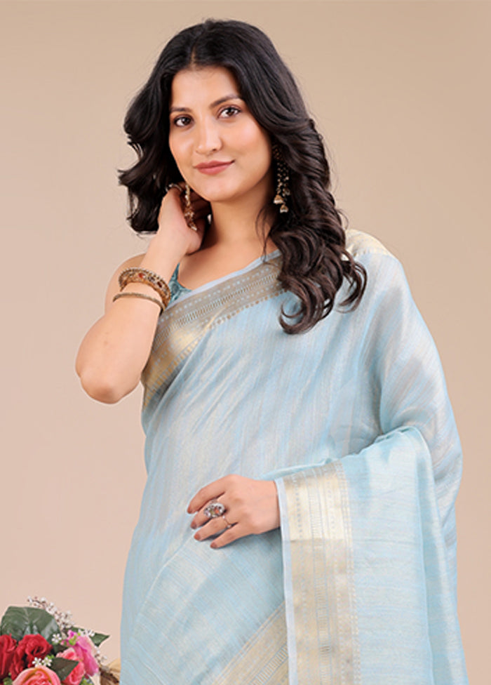 Blue Organza Saree With Blouse Piece