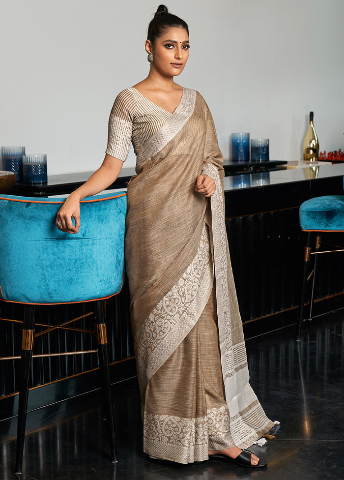 Brown Spun Silk Saree With Blouse Piece