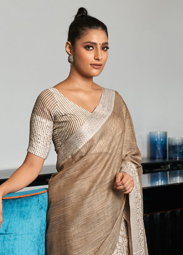 Brown Spun Silk Saree With Blouse Piece