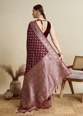 Maroon Spun Silk Saree With Blouse Piece
