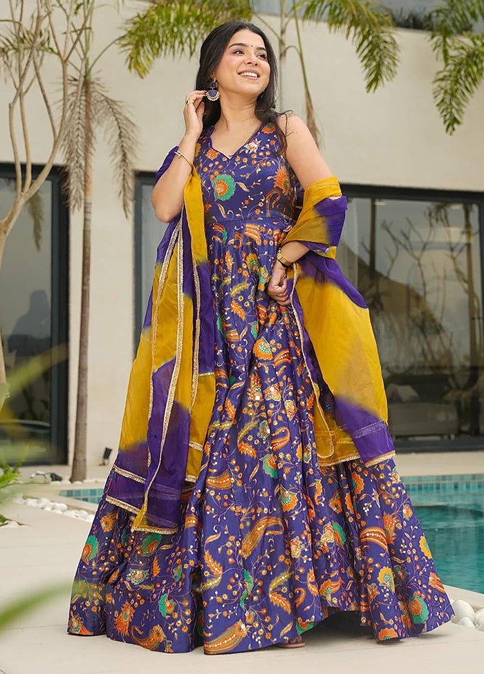 Purple Printed Work Silk Gown With Dupatta Set