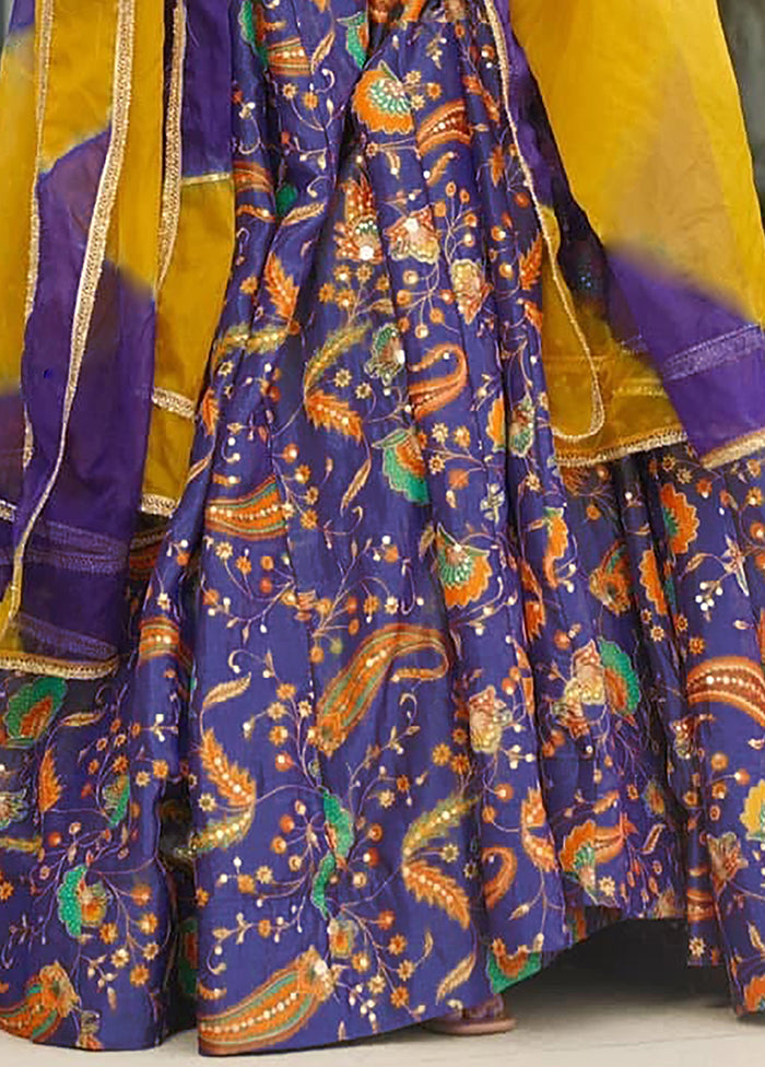 Purple Printed Work Silk Gown With Dupatta Set