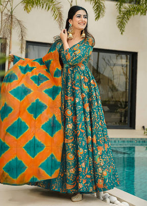Green Printed Work Silk Gown With Dupatta Set