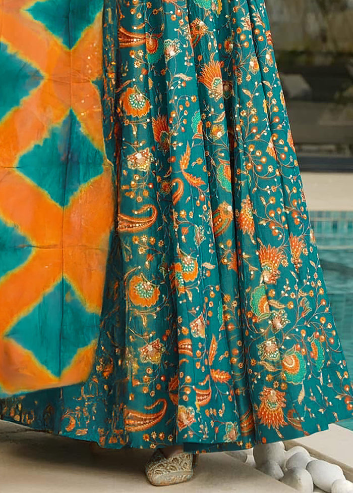 Green Printed Work Silk Gown With Dupatta Set