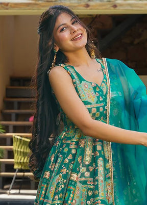 Green Printed Work Silk Gown With Dupatta Set