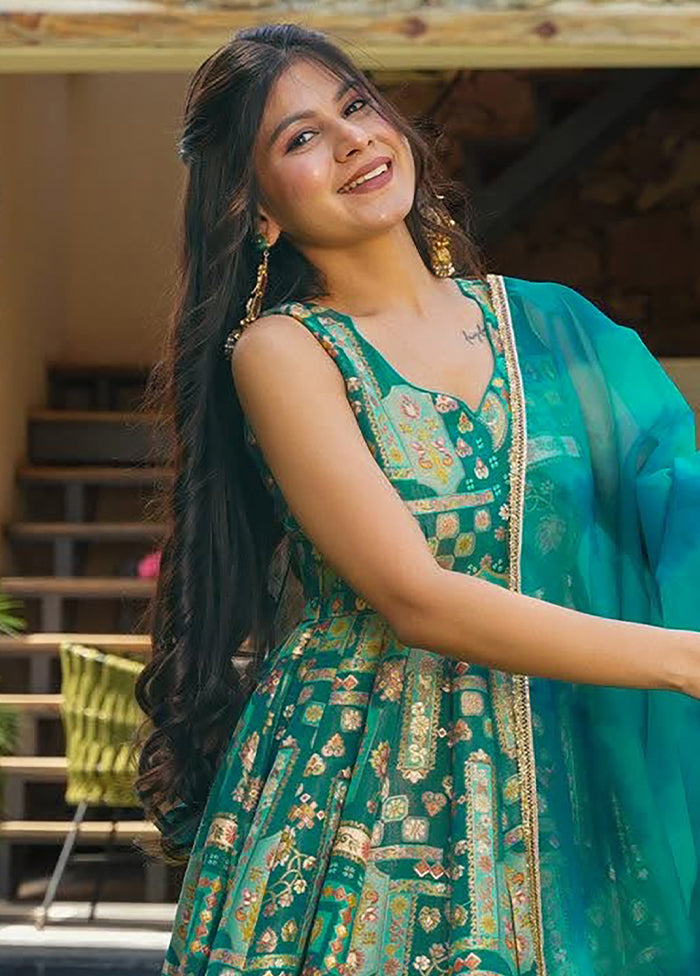 Green Printed Work Silk Gown With Dupatta Set