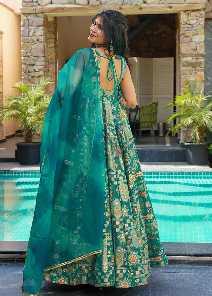 Green Printed Work Silk Gown With Dupatta Set