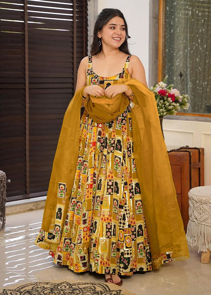 Green Printed Work Silk Gown With Dupatta Set