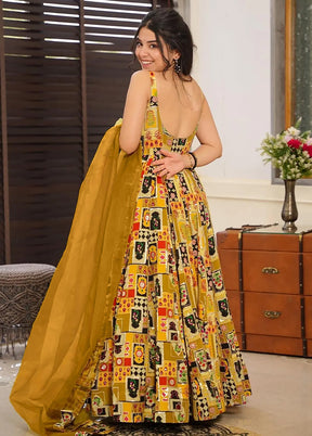 Green Printed Work Silk Gown With Dupatta Set