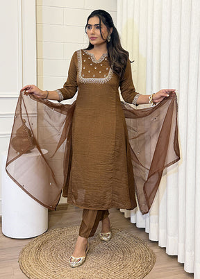 3 Pc Brown Silk Suit Set