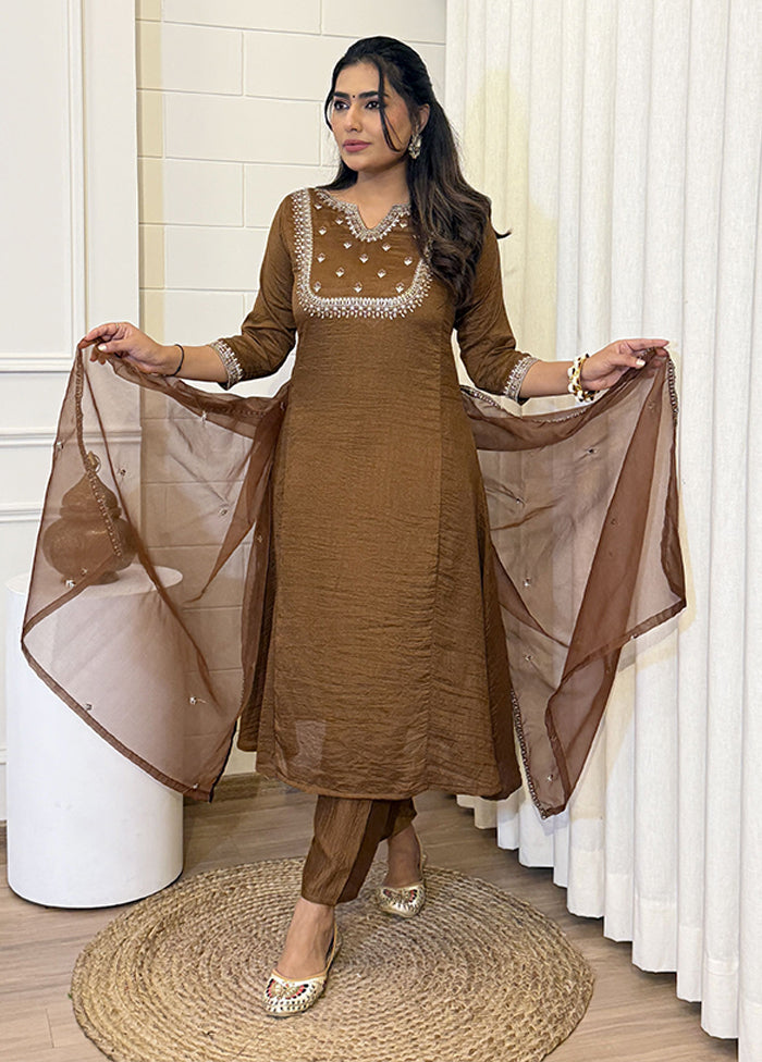 3 Pc Brown Silk Suit Set