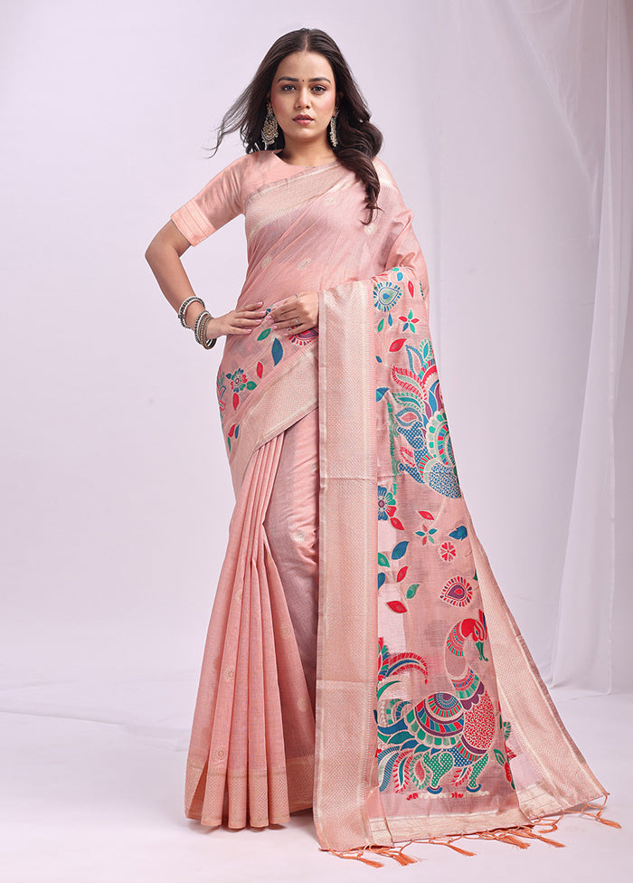 Peach Cotton Saree With Blouse Piece