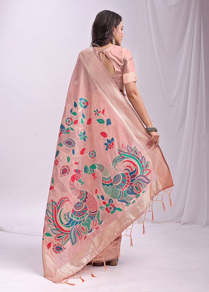 Peach Cotton Saree With Blouse Piece