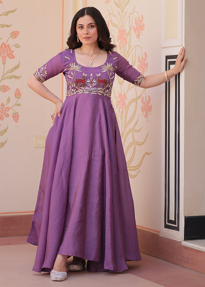 Purple Embroidery Work Silk Gown