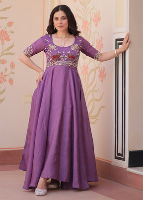 Purple Embroidery Work Silk Gown
