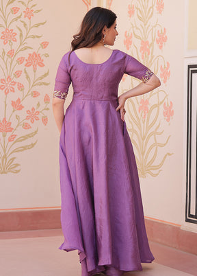Purple Embroidery Work Silk Gown