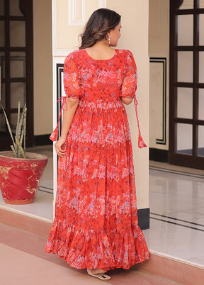 Red Printed Work Georgette Gown