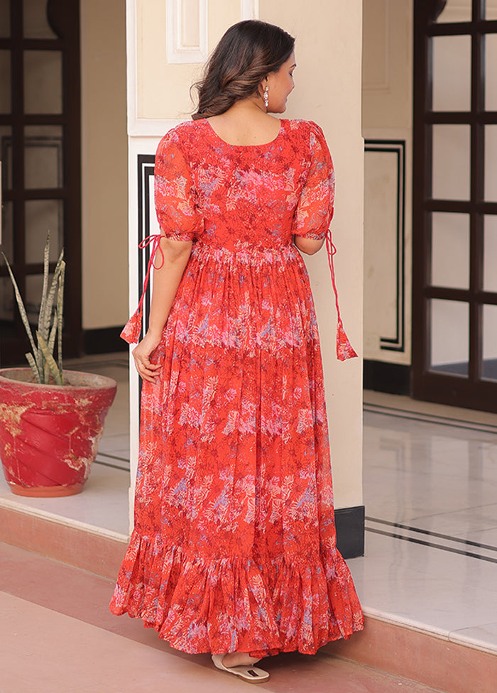 Red Printed Work Georgette Gown