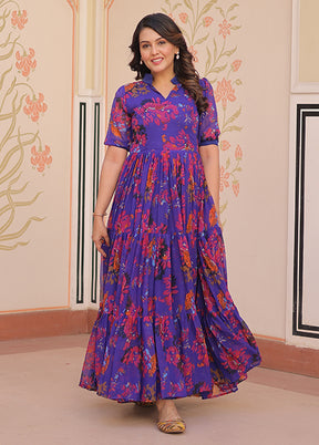 Blue Printed Work Georgette Gown