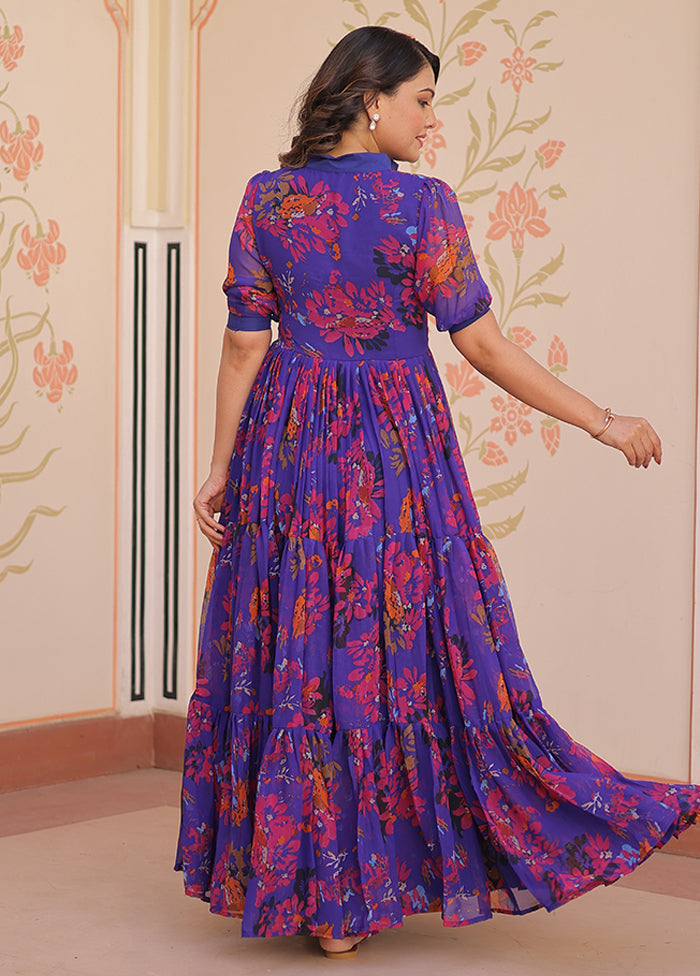 Blue Printed Work Georgette Gown