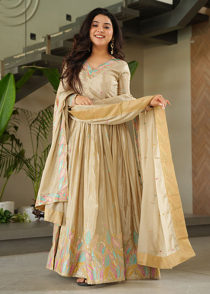 Brown Embroidery Work Silk Gown With Dupatta Set