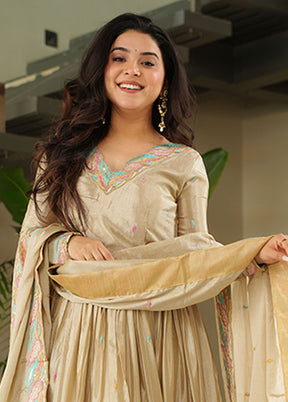 Brown Embroidery Work Silk Gown With Dupatta Set