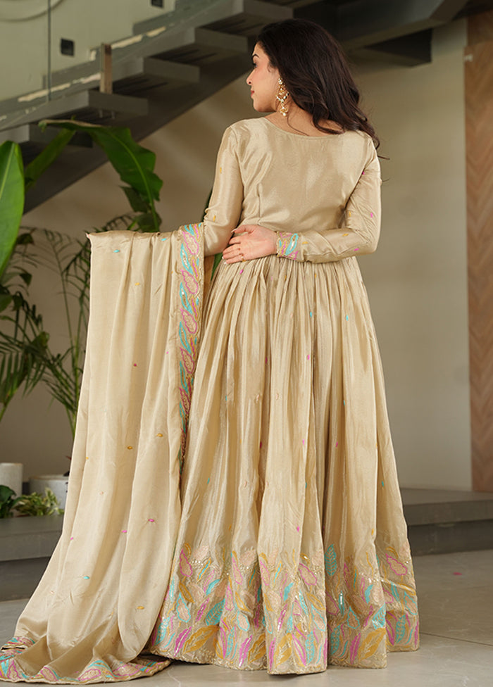 Brown Embroidery Work Silk Gown With Dupatta Set