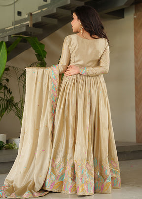 Brown Embroidery Work Silk Gown With Dupatta Set