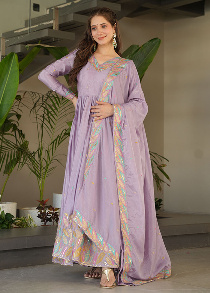 Purple Embroidery Work Silk Gown With Dupatta Set