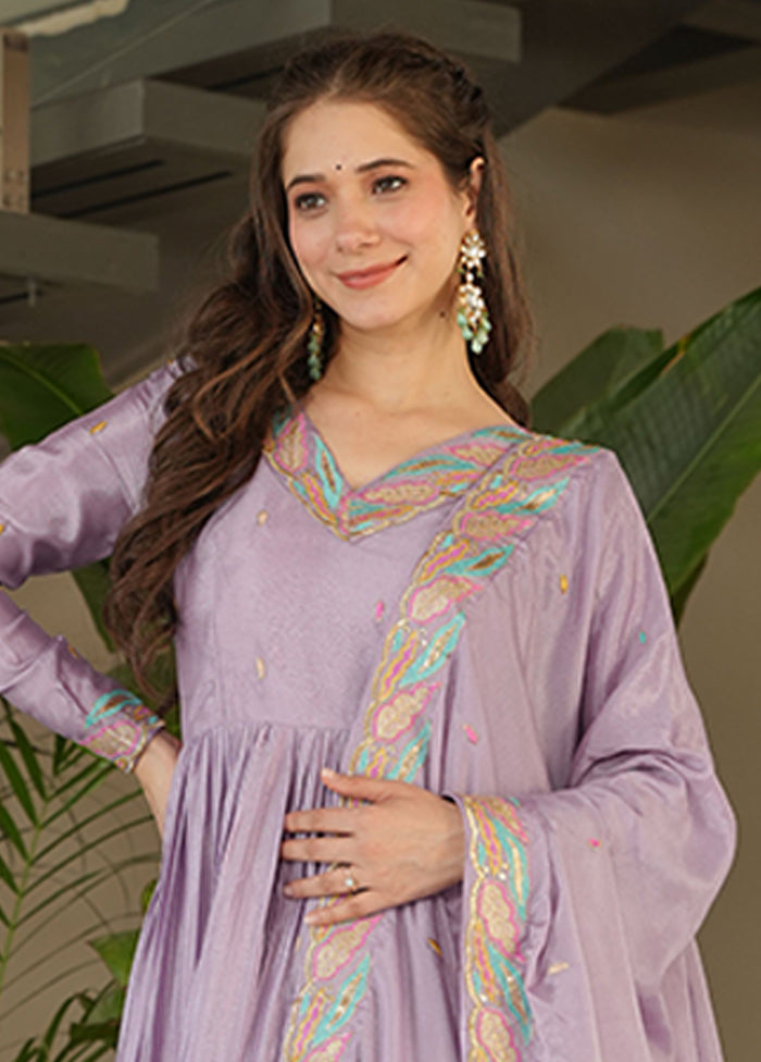 Purple Embroidery Work Silk Gown With Dupatta Set