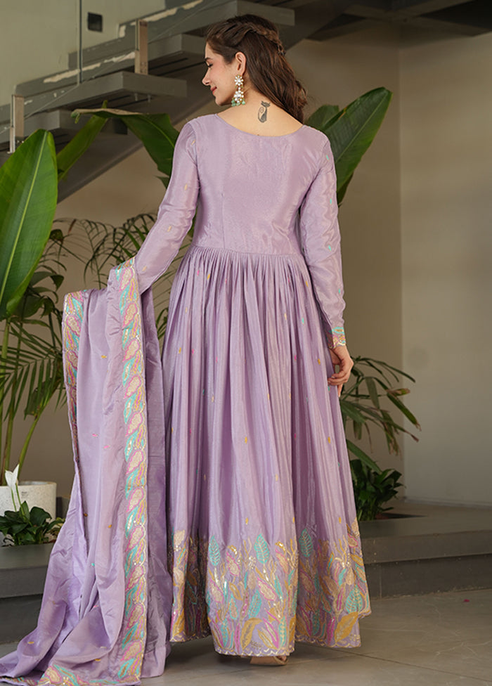 Purple Embroidery Work Silk Gown With Dupatta Set