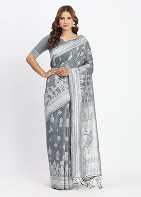 Grey Cotton Saree With Blouse Piece
