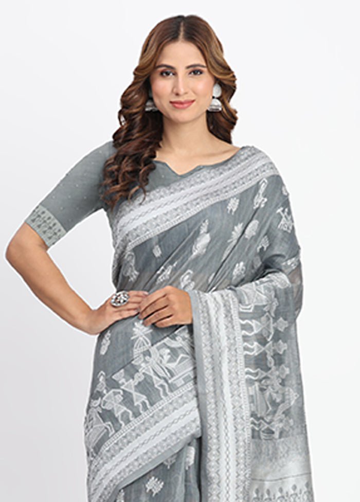 Grey Cotton Saree With Blouse Piece
