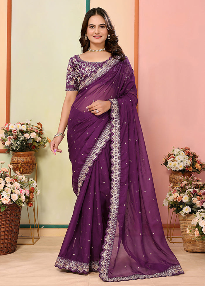 Wine Organza Saree With Blouse Piece