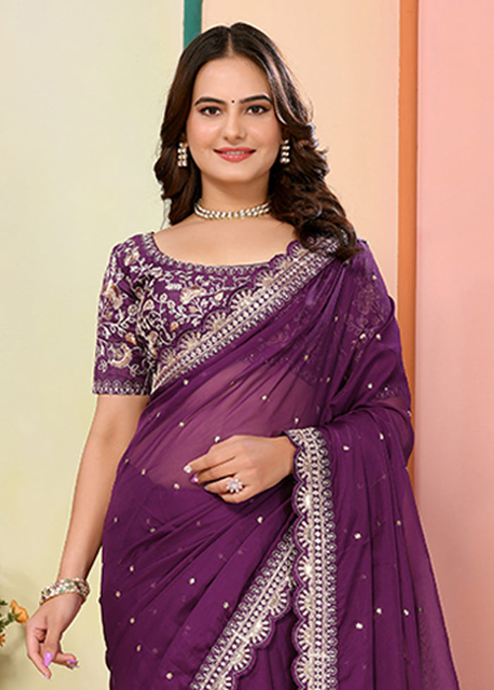 Wine Organza Saree With Blouse Piece