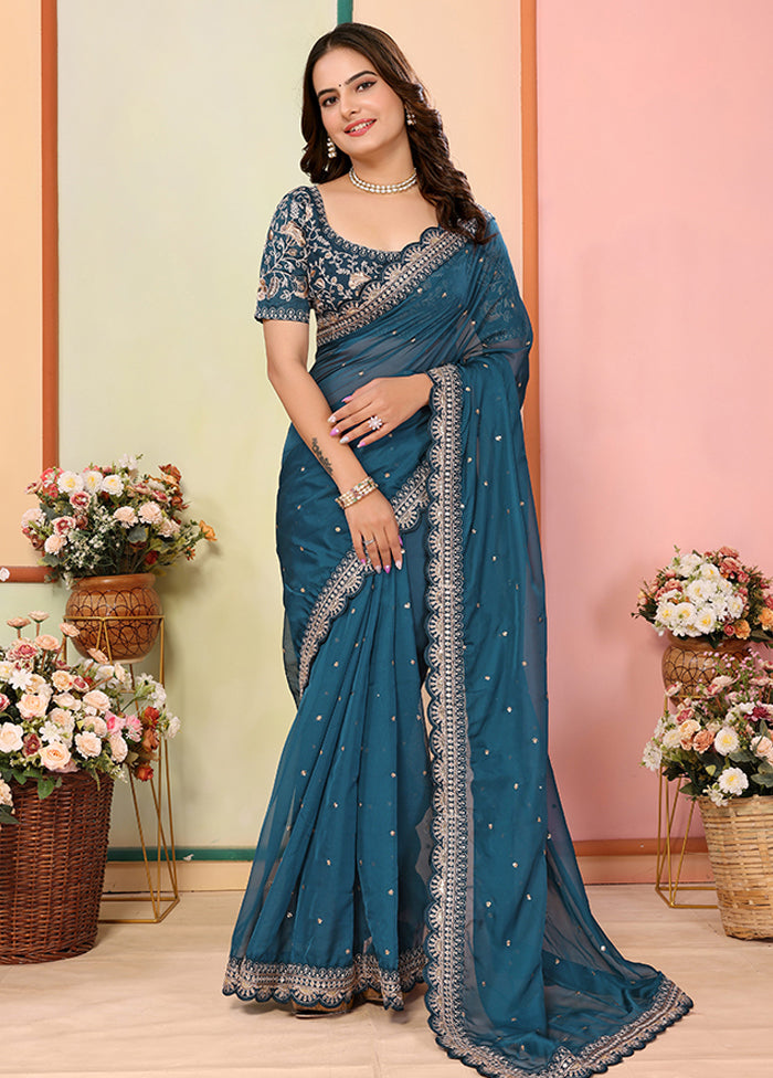 Blue Organza Saree With Blouse Piece