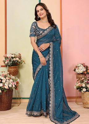 Blue Organza Saree With Blouse Piece