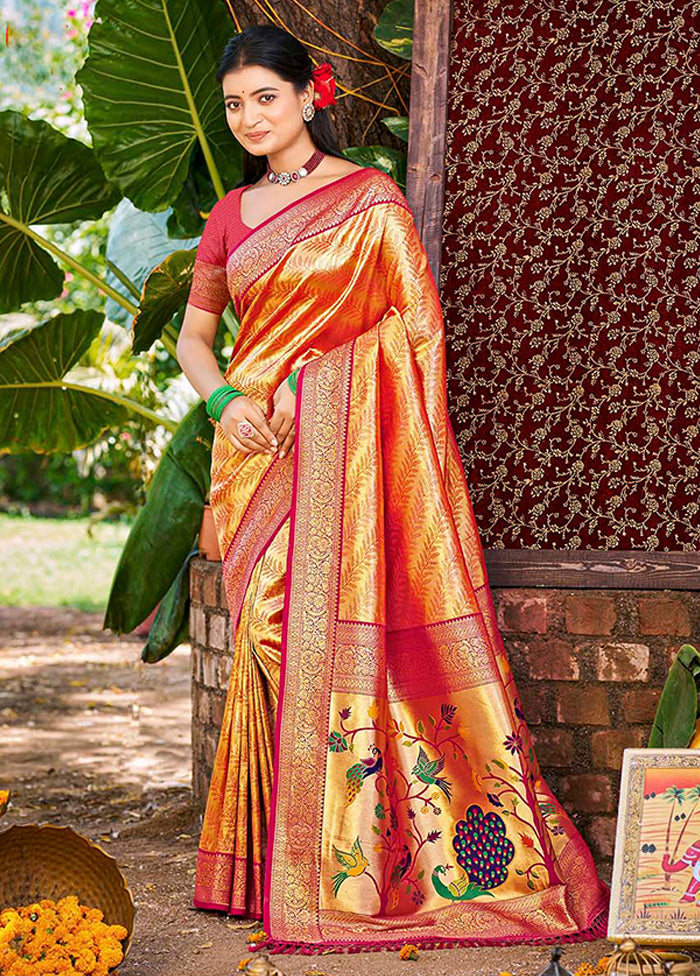 Orange Spun Silk Saree With Blouse Piece