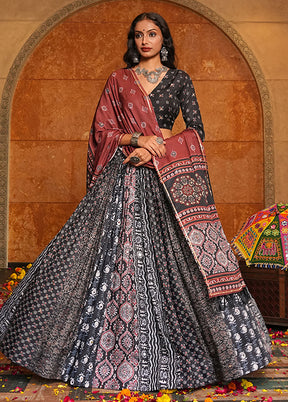 Black Blended Silk Dupatta Lehenga Set