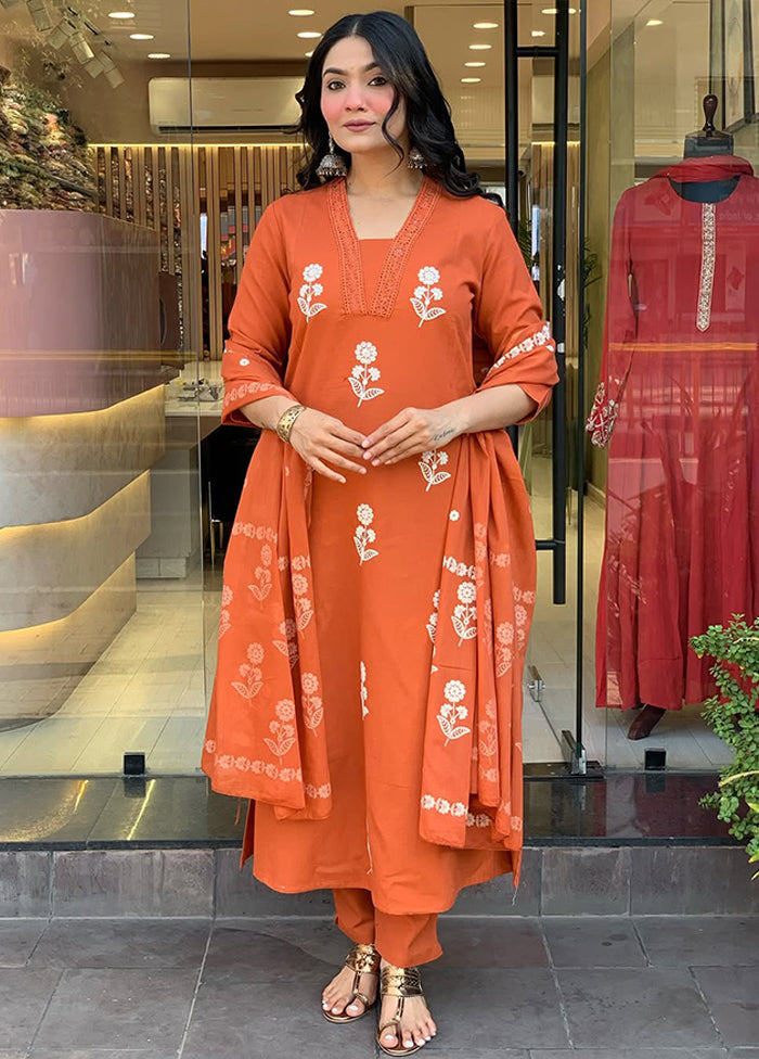 3 Pc Orange Cotton Suit Set