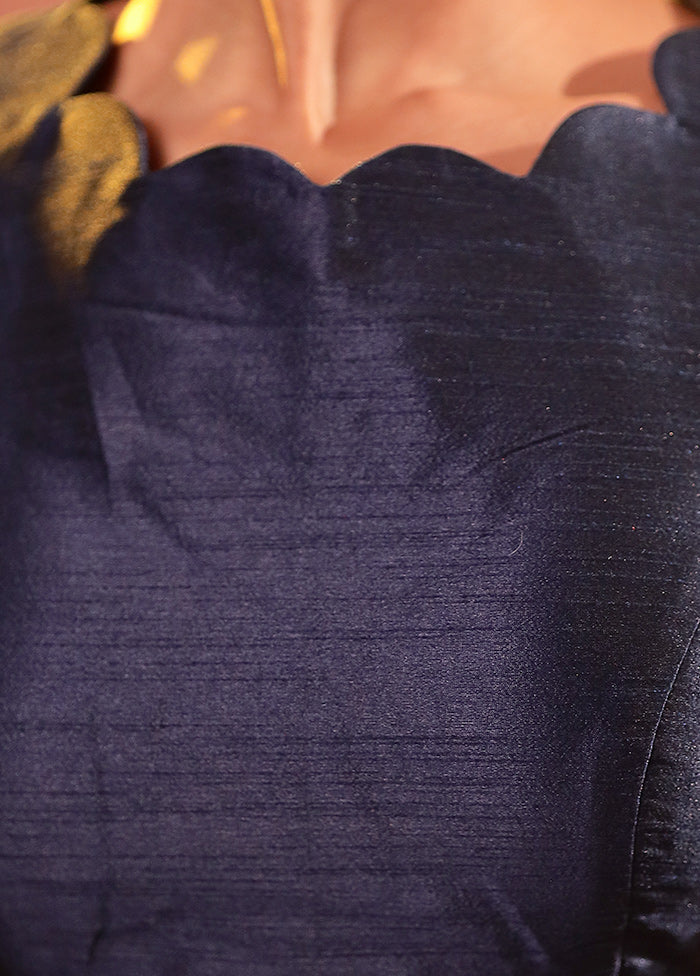 Navy Blue Boat Neck Designer Blouse