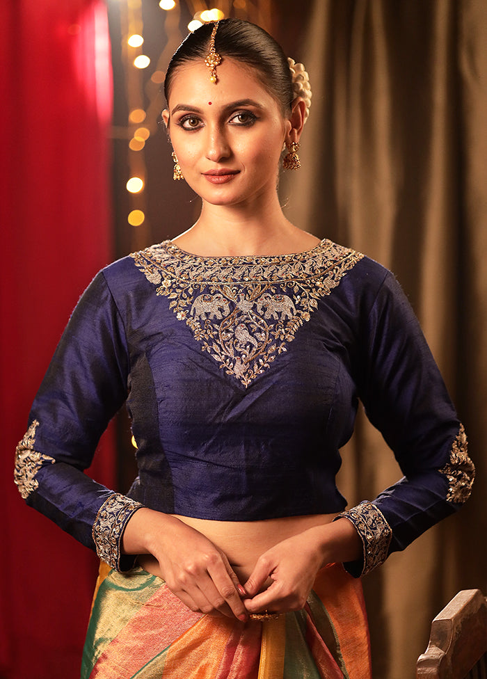 Navy Blue Raw Silk Designer Blouse