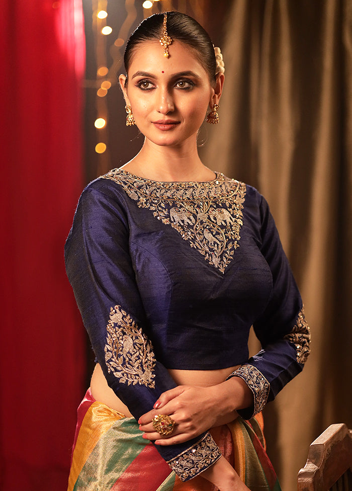 Navy Blue Raw Silk Designer Blouse