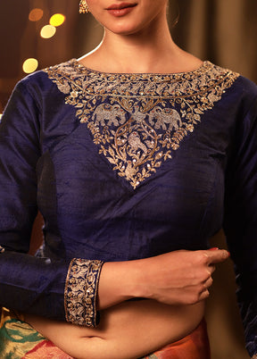 Navy Blue Raw Silk Designer Blouse