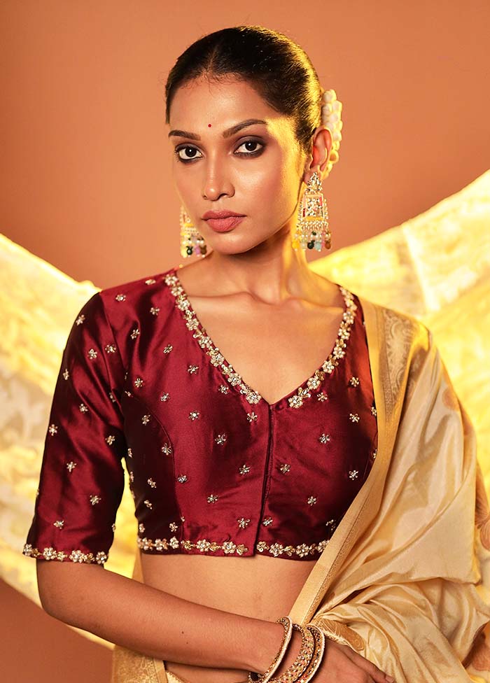 Dark Maroon V Neck Designer Blouse Piece