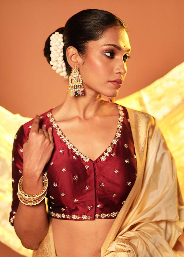 Dark Maroon V Neck Designer Blouse Piece
