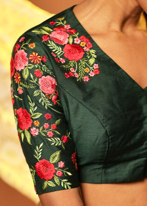 Bottle Green V Neck Designer Blouse Piece